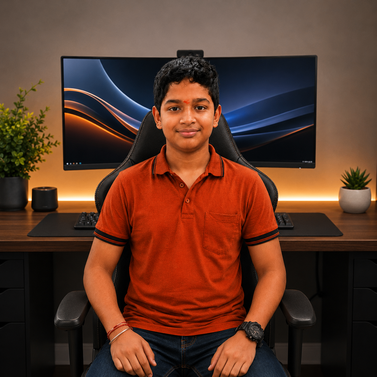 Samith seated at his creative desk setup
