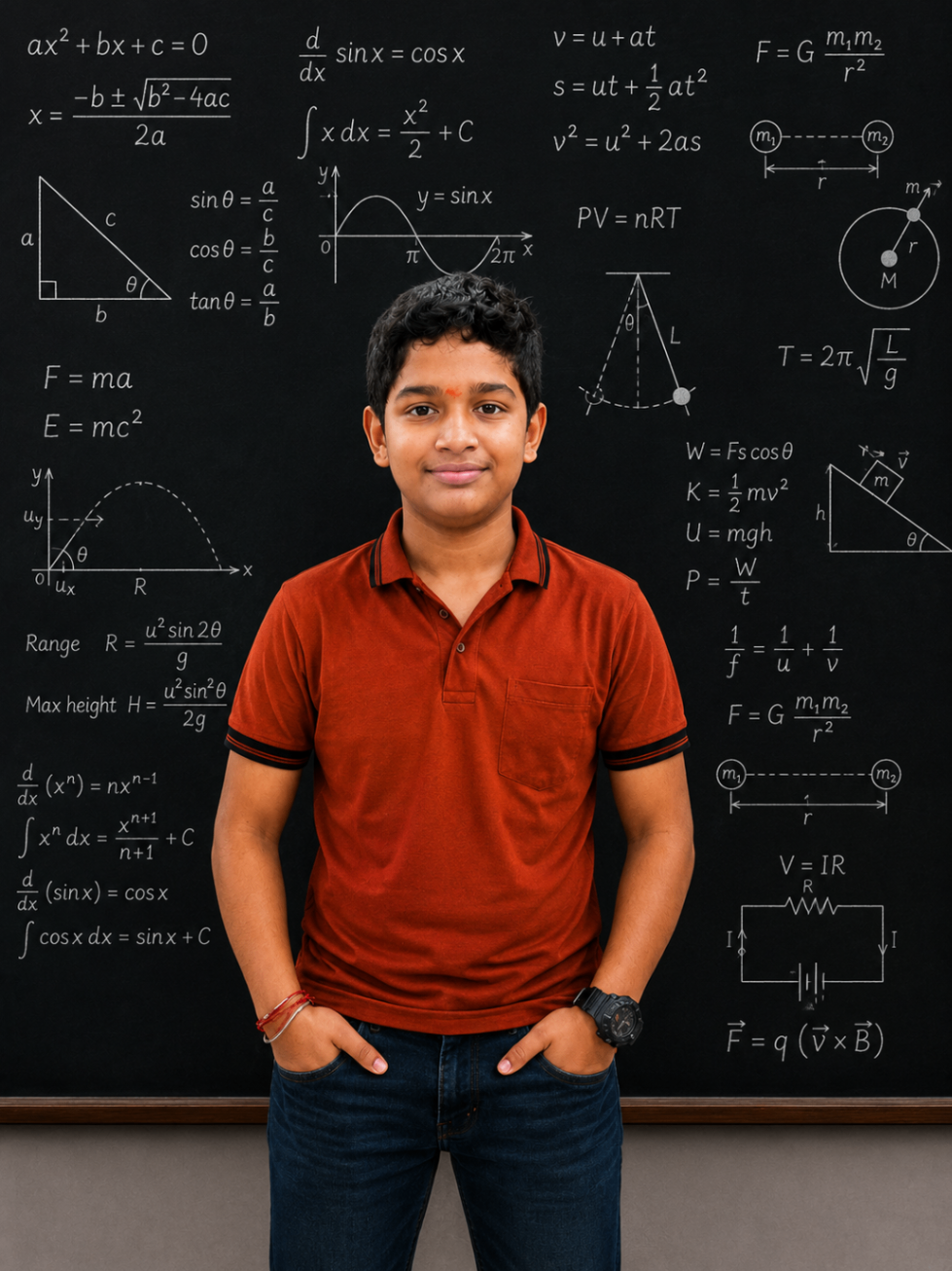 Samith standing before a chalkboard of math and science formulas.