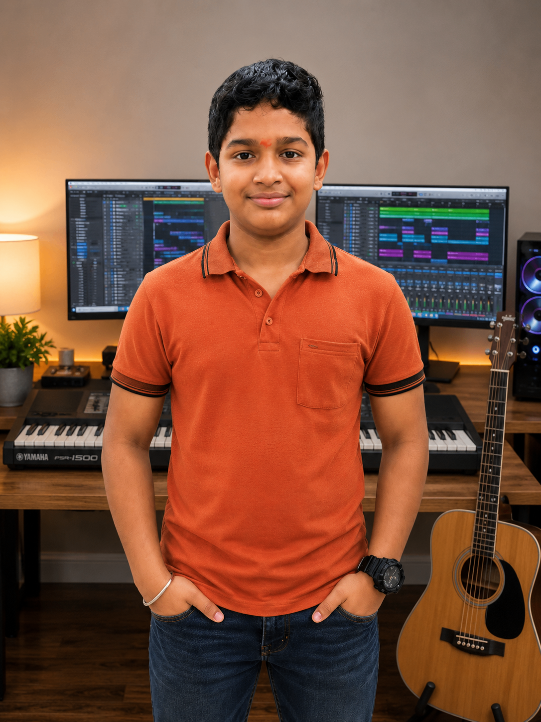 Samith in a studio space with keyboard, guitar, and music software.