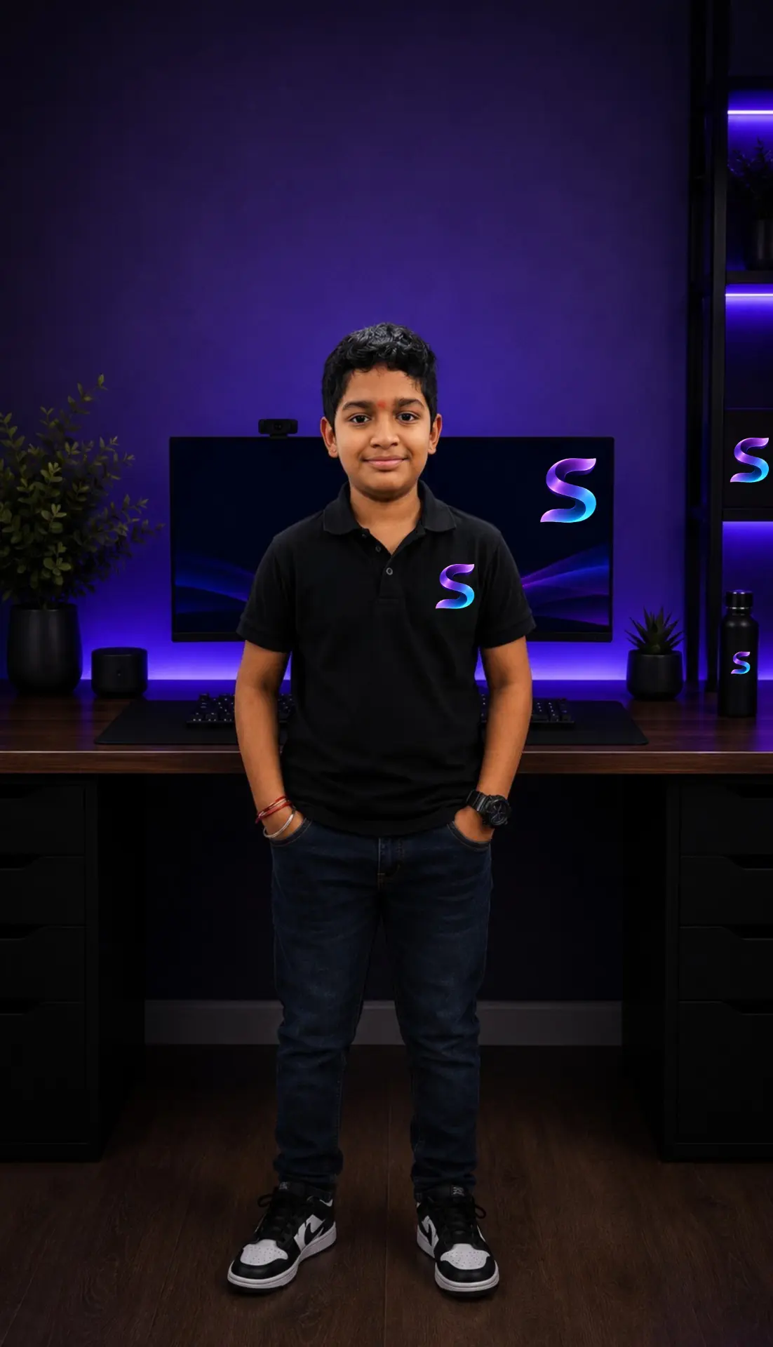 Samith standing in his creative desk setup