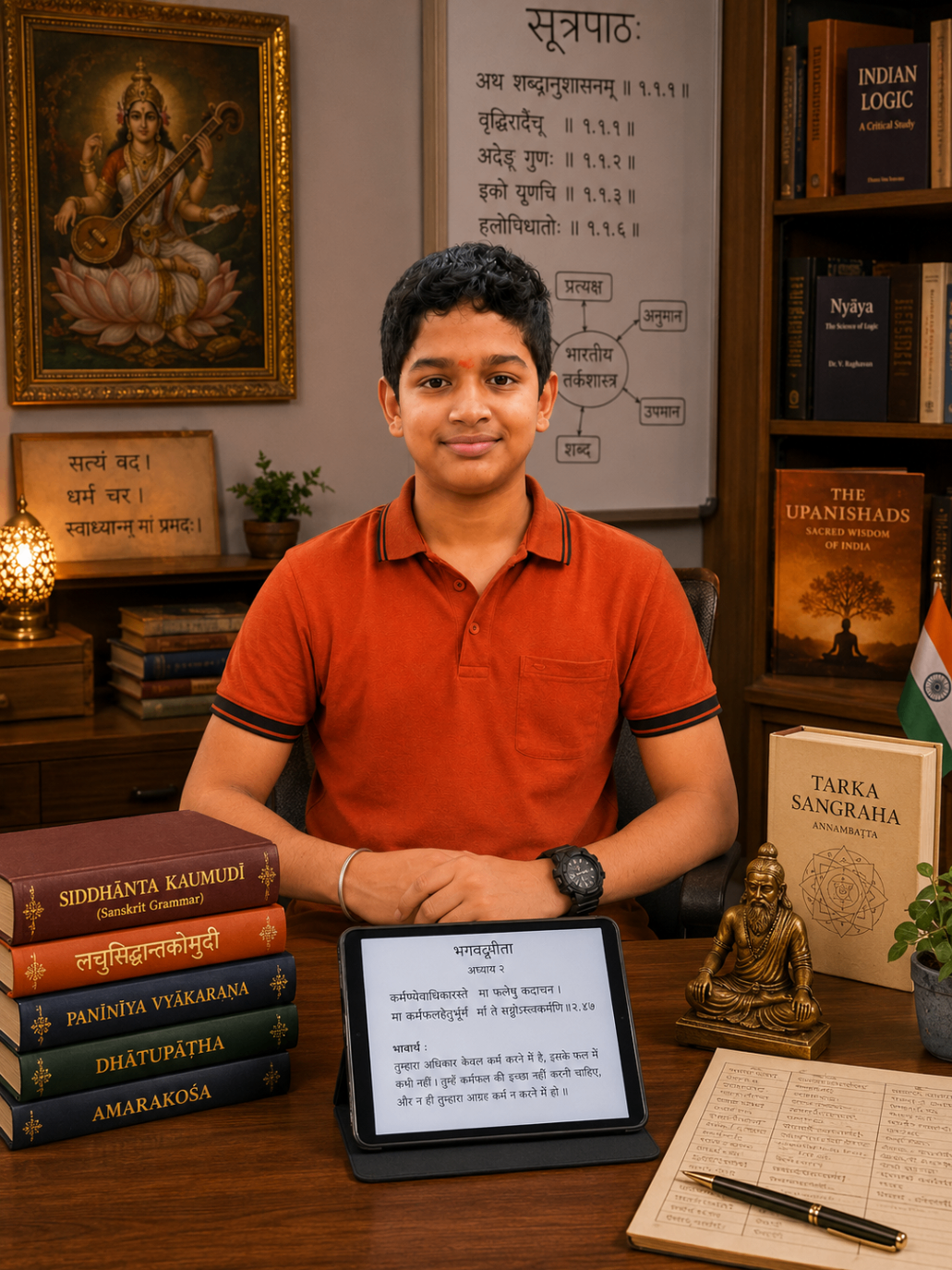 Samith studying Sanskritam at a desk with books and notes.