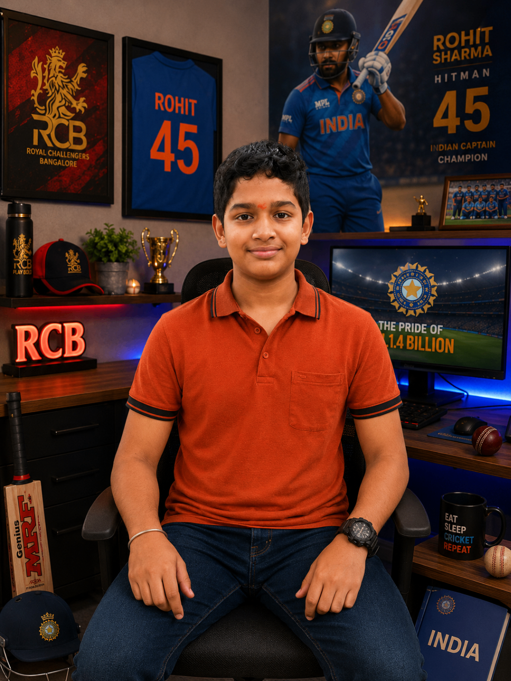 Samith surrounded by cricket memorabilia and match visuals.
