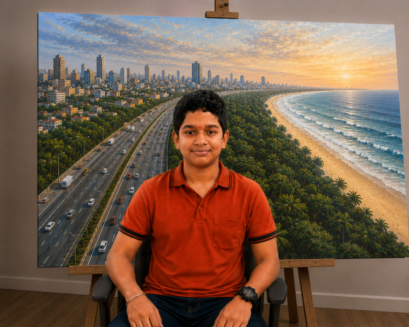 Samith with a large artwork displayed behind him.