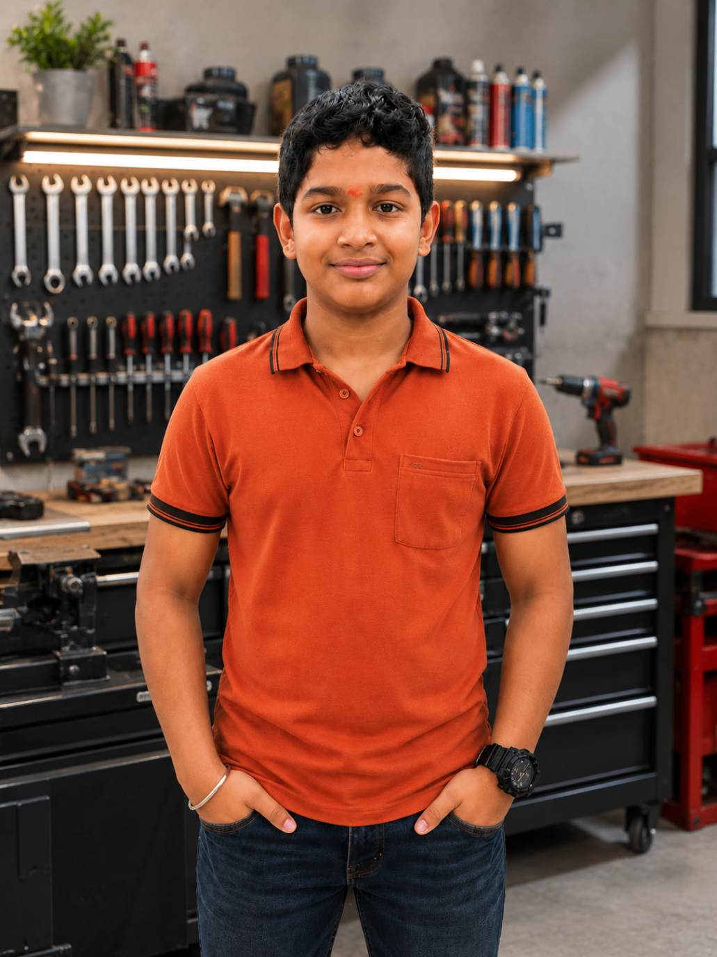 Samith in a workshop with tools and mechanical gear.
