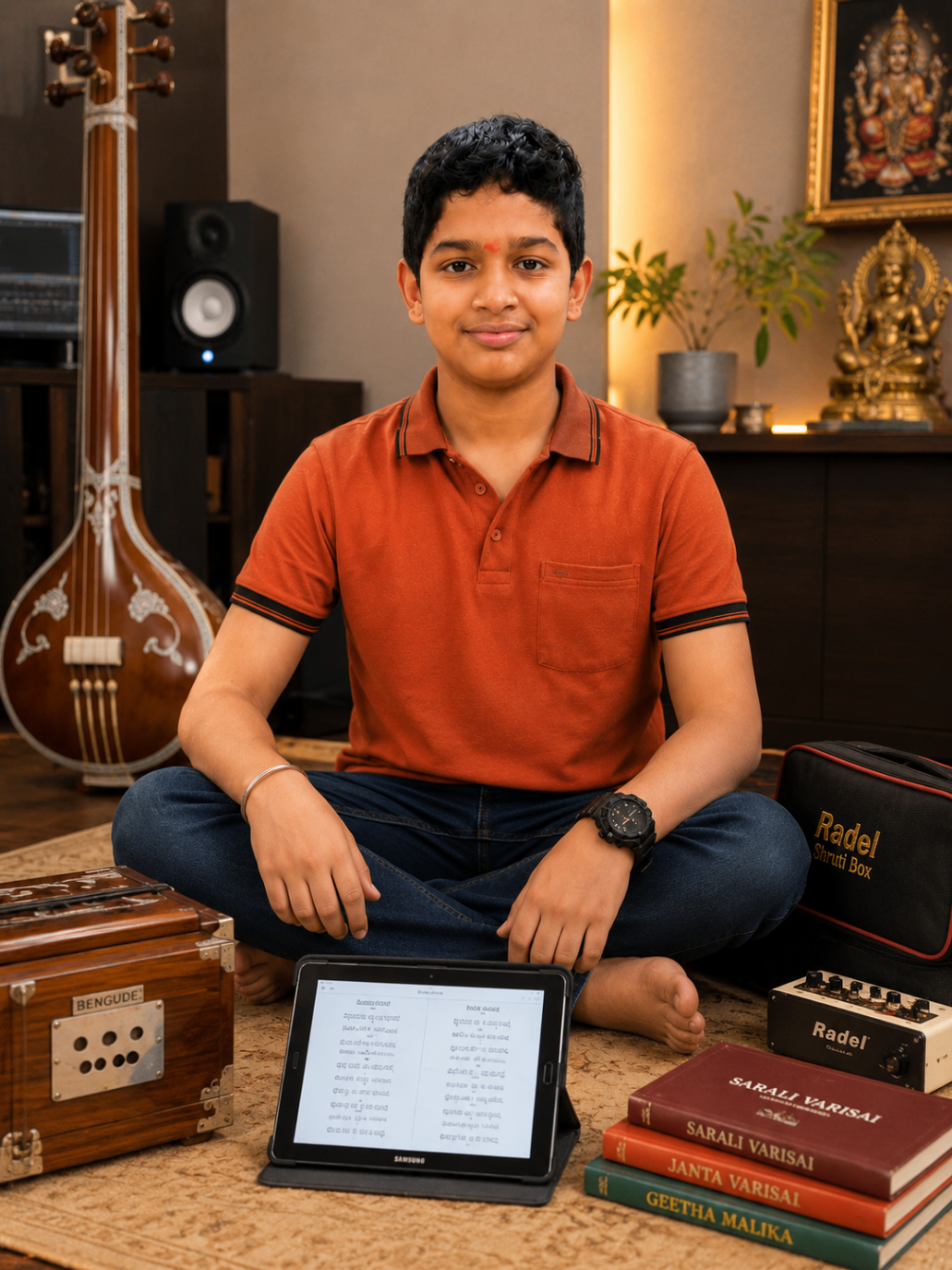 Samith practicing Carnatic music with traditional learning materials.