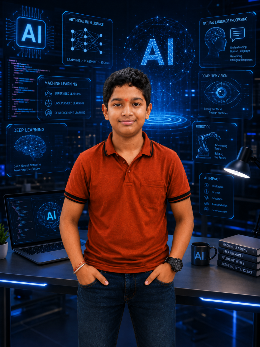 Samith in a futuristic AI and technology setup.